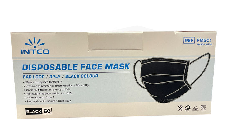 Intco 3-ply Black Disposable Face Mask 50 pk.